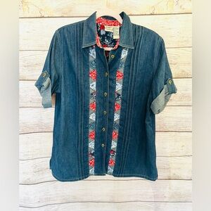 Koret City Blues Women’s Vintage Paisley Pleated Chambray Button Up Shirt L